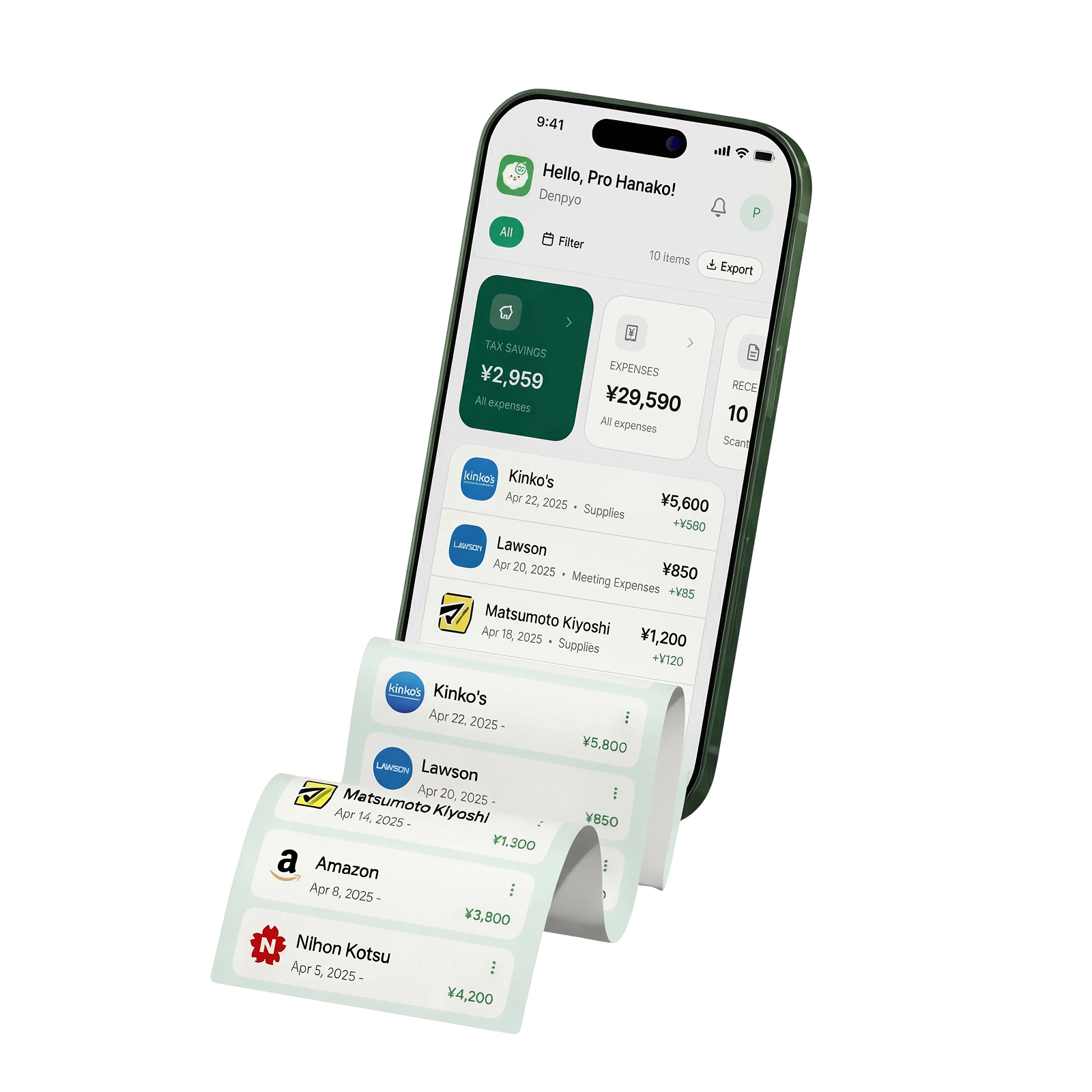 Denpyo app showing receipt scanning and expense tracking